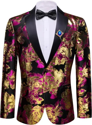 Barry.Wang Mens Flowers Blazer Mardi Gras Brooch Suit Jacket Floral Jacquard Tuxedo Carnival St. Patrick's Day Gift Coat