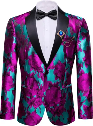 Barry.Wang Mens Flowers Blazer Mardi Gras Brooch Suit Jacket Floral Jacquard Tuxedo Carnival St. Patrick's Day Gift Coat