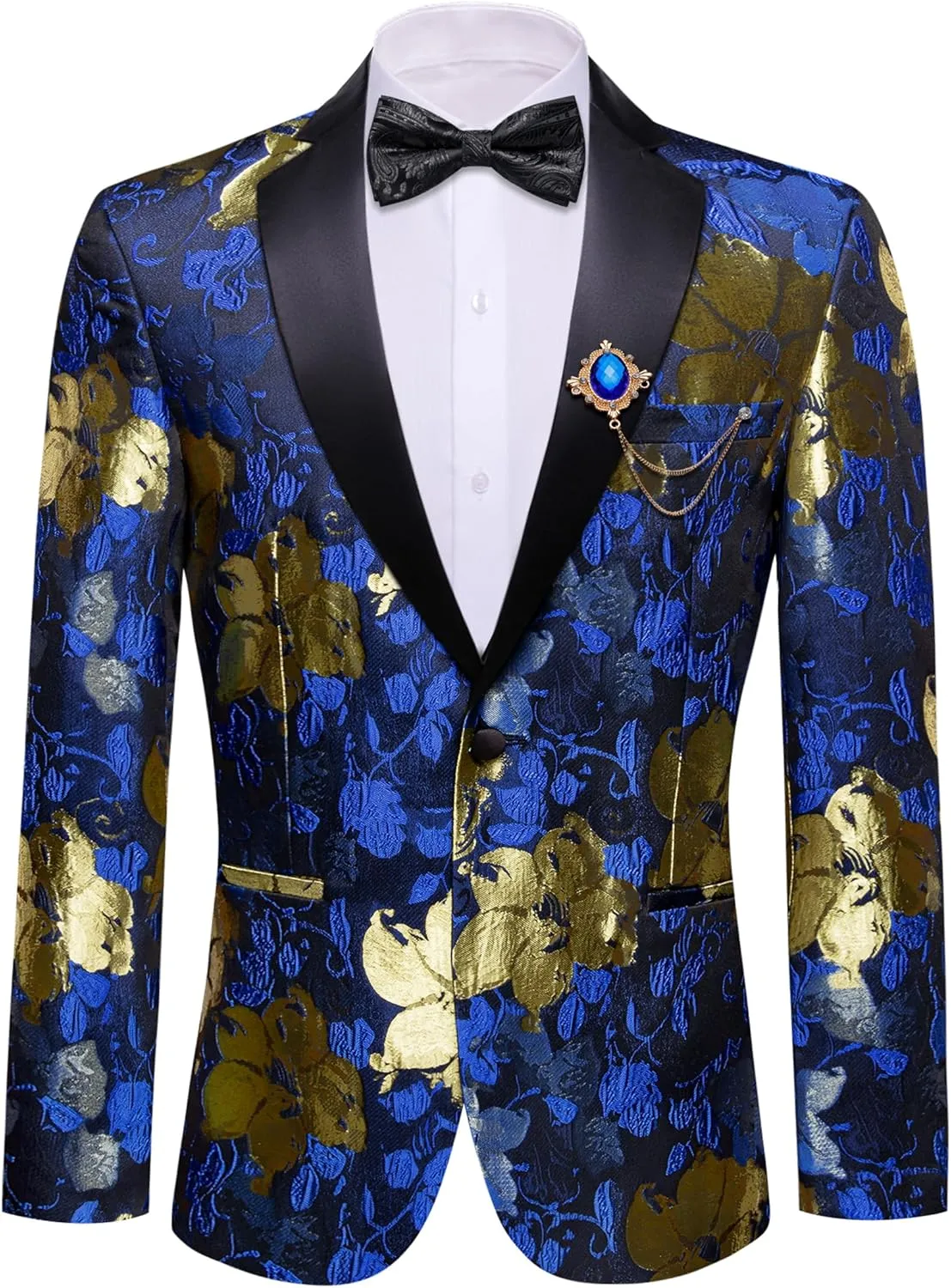 Barry.Wang Mens Flowers Blazer Mardi Gras Brooch Suit Jacket Floral Jacquard Tuxedo Carnival St. Patrick's Day Gift Coat