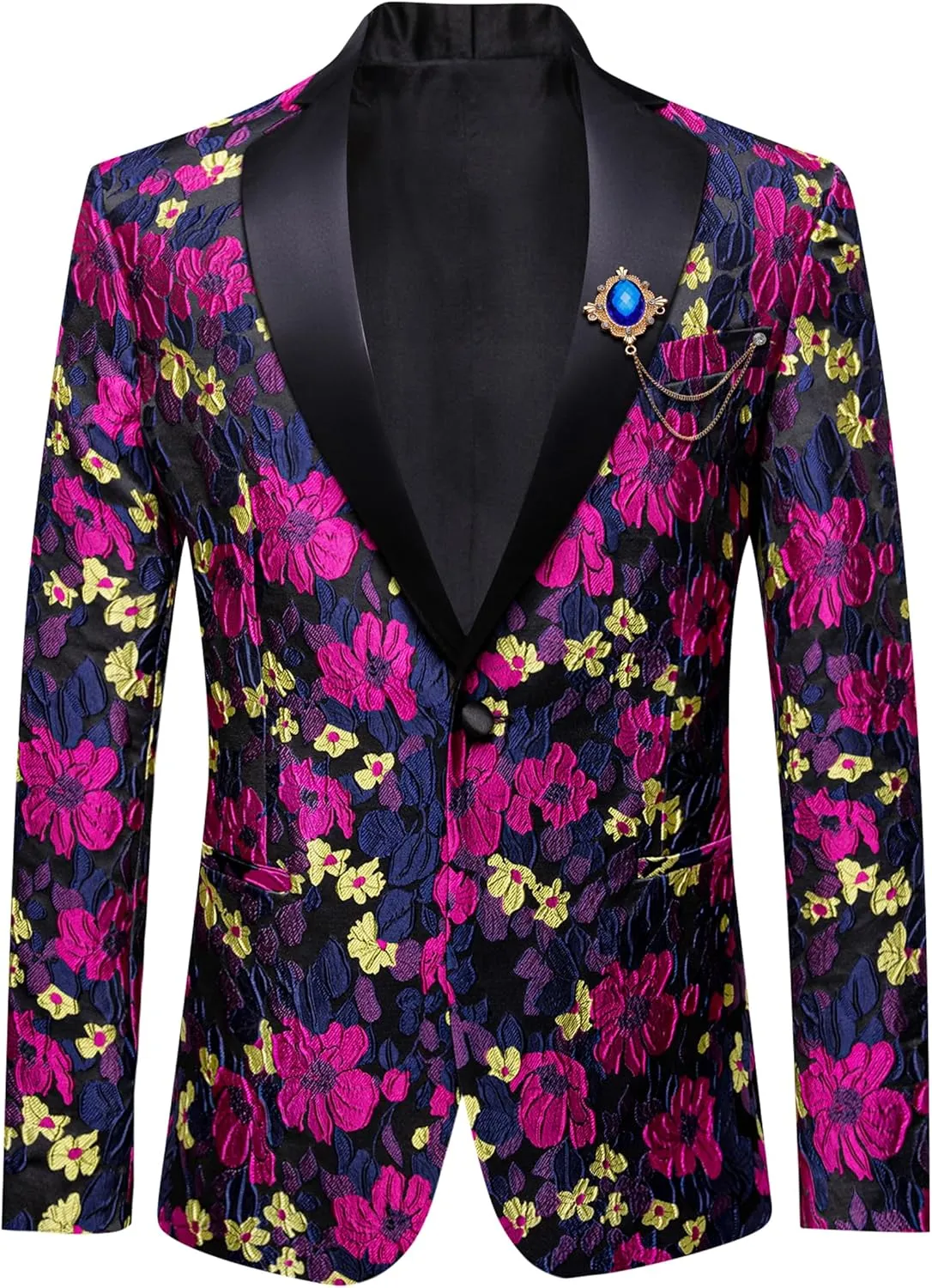 Barry.Wang Mens Flowers Blazer Mardi Gras Brooch Suit Jacket Floral Jacquard Tuxedo Carnival St. Patrick's Day Gift Coat