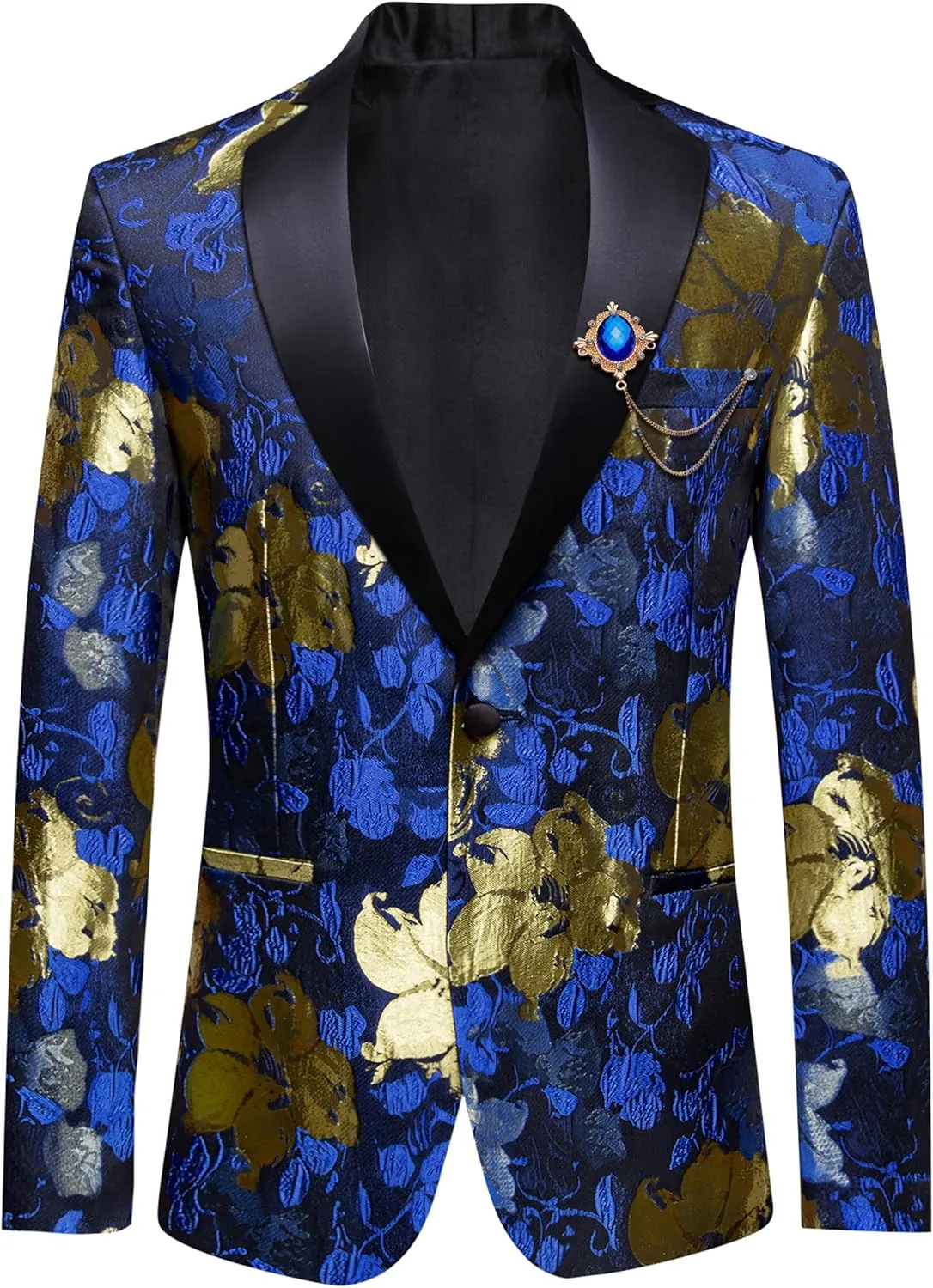 Barry.Wang Mens Flowers Blazer Mardi Gras Brooch Suit Jacket Floral Jacquard Tuxedo Carnival St. Patrick's Day Gift Coat