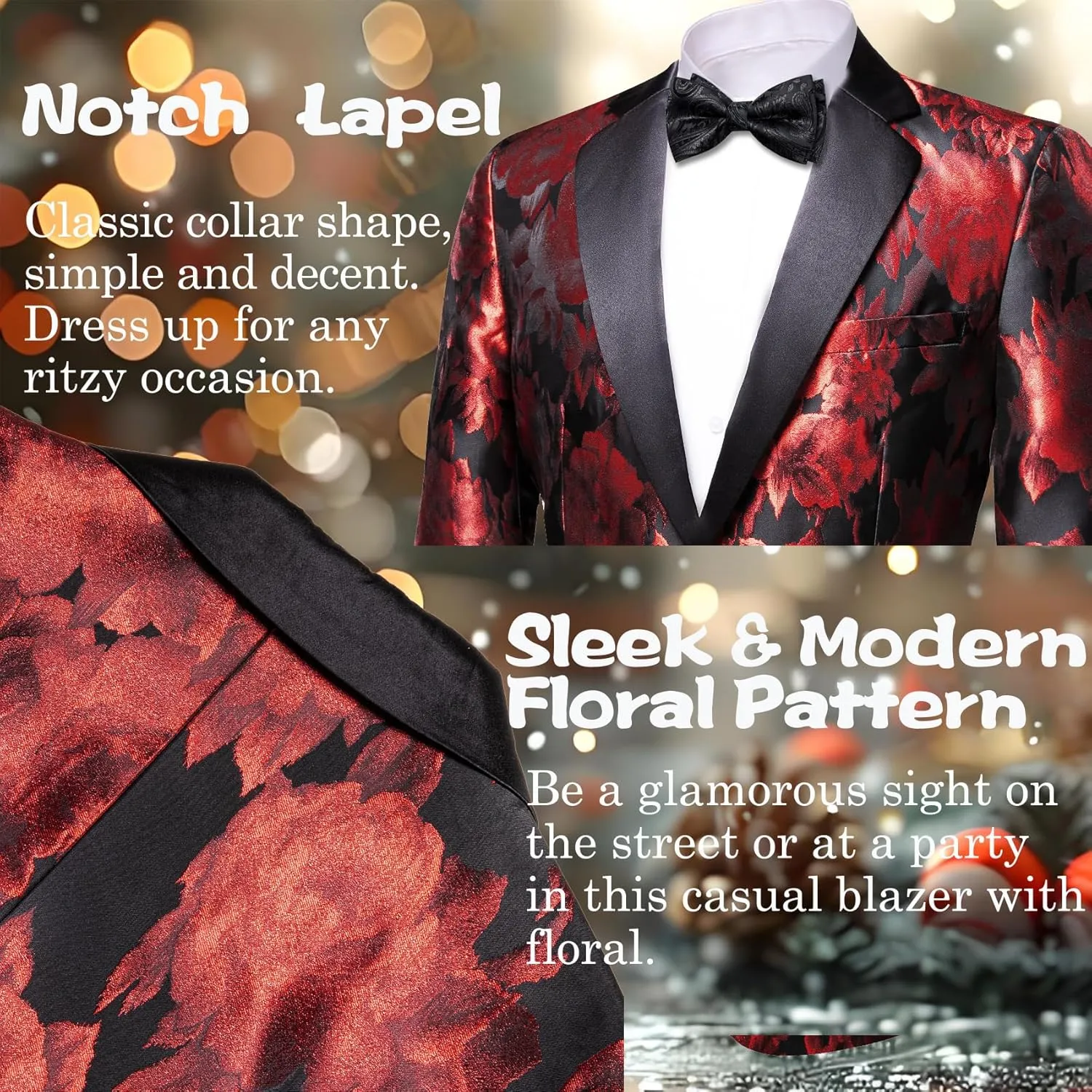 Barry.Wang Mens Flowers Blazer Mardi Gras Brooch Suit Jacket Floral Jacquard Tuxedo Carnival St. Patrick's Day Gift Coat