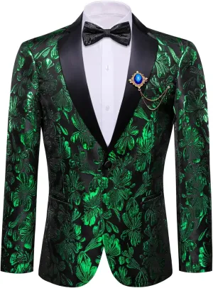 Barry.Wang Mens Flowers Blazer Mardi Gras Brooch Suit Jacket Floral Jacquard Tuxedo Carnival St. Patrick's Day Gift Coat