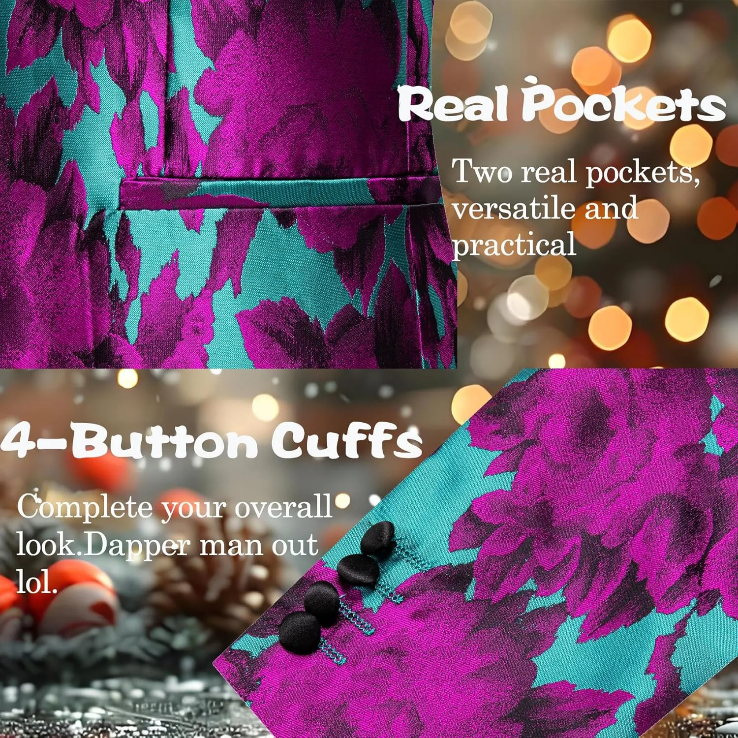 Barry.Wang Mens Flowers Blazer Mardi Gras Brooch Suit Jacket Floral Jacquard Tuxedo Carnival St. Patrick's Day Gift Coat