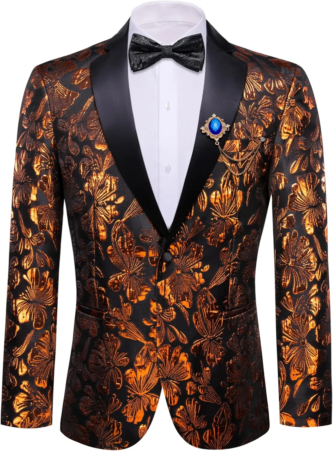Barry.Wang Mens Flowers Blazer Mardi Gras Brooch Suit Jacket Floral Jacquard Tuxedo Carnival St. Patrick's Day Gift Coat