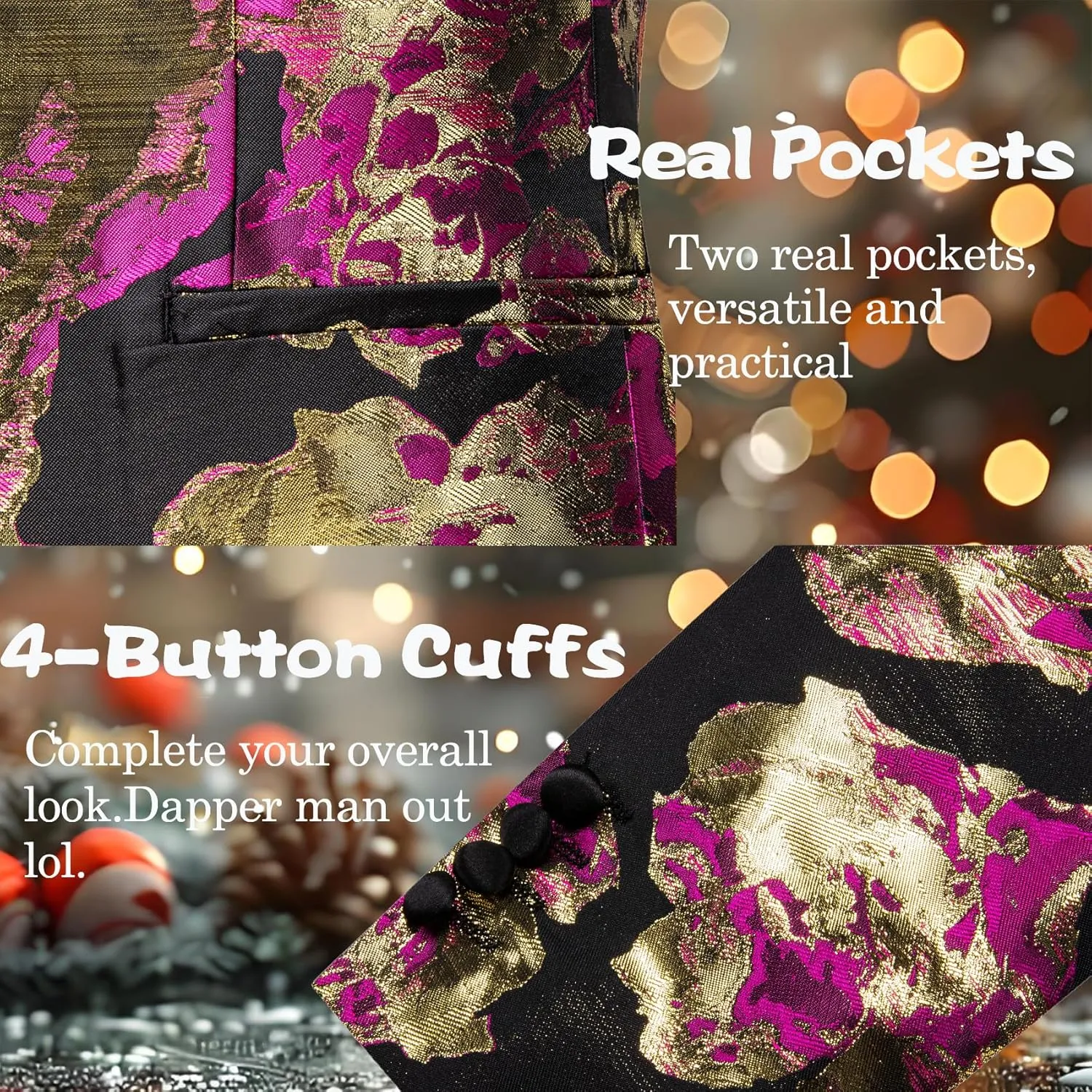 Barry.Wang Mens Flowers Blazer Mardi Gras Brooch Suit Jacket Floral Jacquard Tuxedo Carnival St. Patrick's Day Gift Coat
