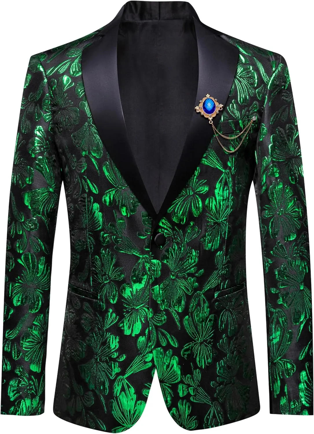 Barry.Wang Mens Flowers Blazer Mardi Gras Brooch Suit Jacket Floral Jacquard Tuxedo Carnival St. Patrick's Day Gift Coat