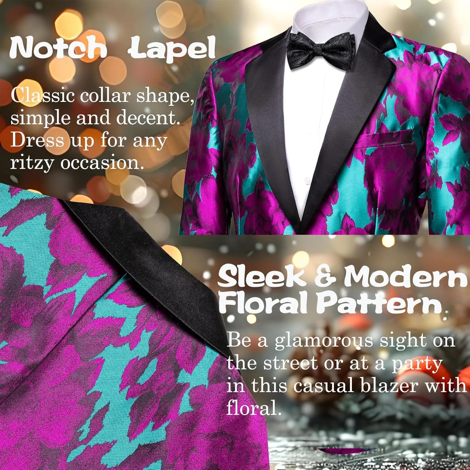 Barry.Wang Mens Flowers Blazer Mardi Gras Brooch Suit Jacket Floral Jacquard Tuxedo Carnival St. Patrick's Day Gift Coat