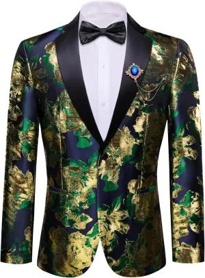 Barry.Wang Mens Flowers Blazer Mardi Gras Brooch Suit Jacket Floral Jacquard Tuxedo Carnival St. Patrick's Day Gift Coat