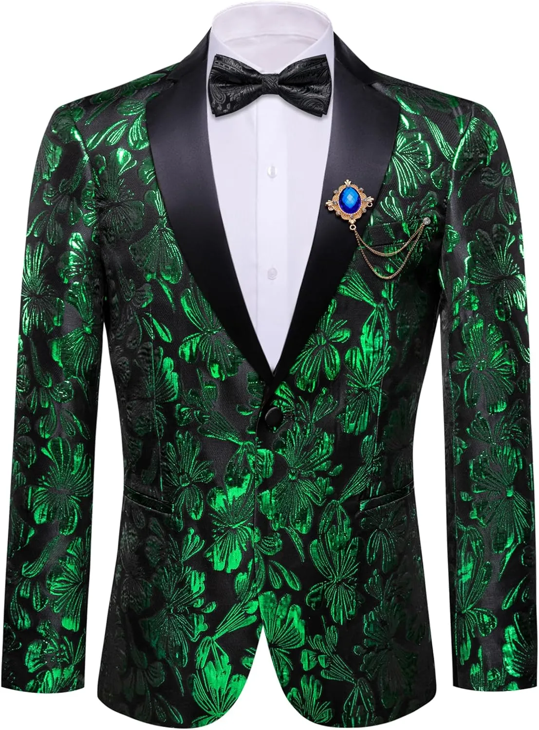 Barry.Wang Mens Flowers Blazer Mardi Gras Brooch Suit Jacket Floral Jacquard Tuxedo Carnival St. Patrick's Day Gift Coat
