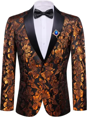 Barry.Wang Mens Flowers Blazer Mardi Gras Brooch Suit Jacket Floral Jacquard Tuxedo Carnival St. Patrick's Day Gift Coat