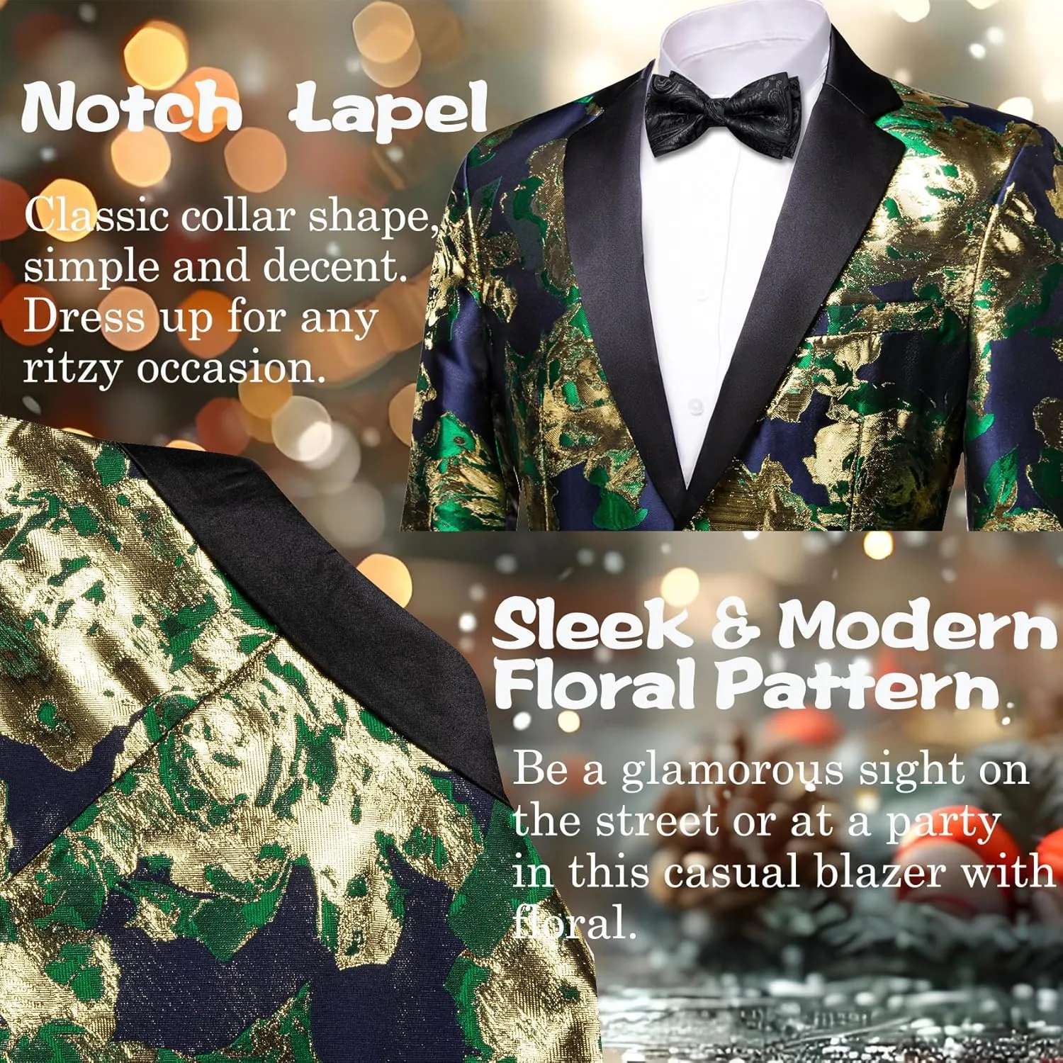 Barry.Wang Mens Flowers Blazer Mardi Gras Brooch Suit Jacket Floral Jacquard Tuxedo Carnival St. Patrick's Day Gift Coat