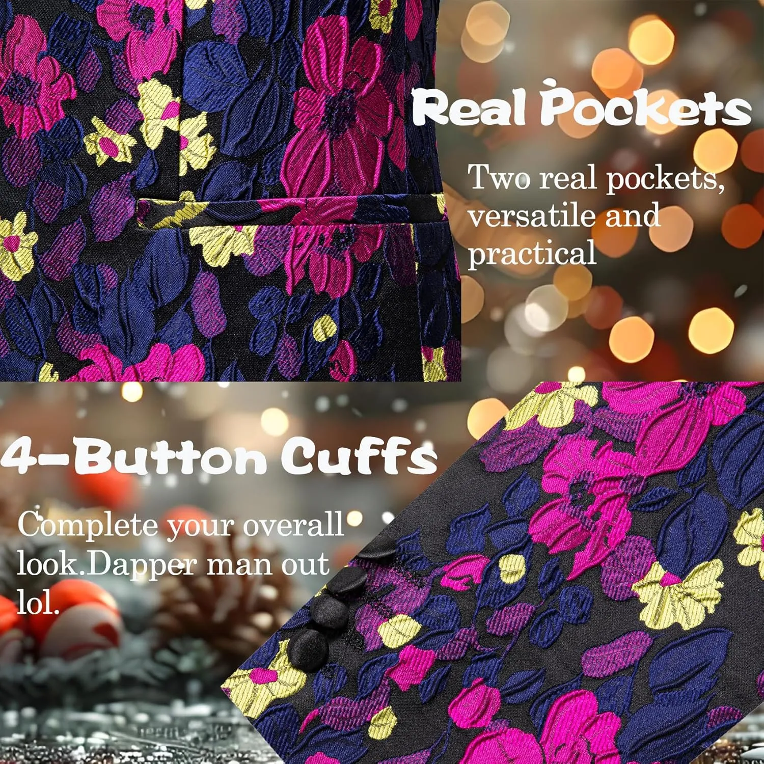 Barry.Wang Mens Flowers Blazer Mardi Gras Brooch Suit Jacket Floral Jacquard Tuxedo Carnival St. Patrick's Day Gift Coat