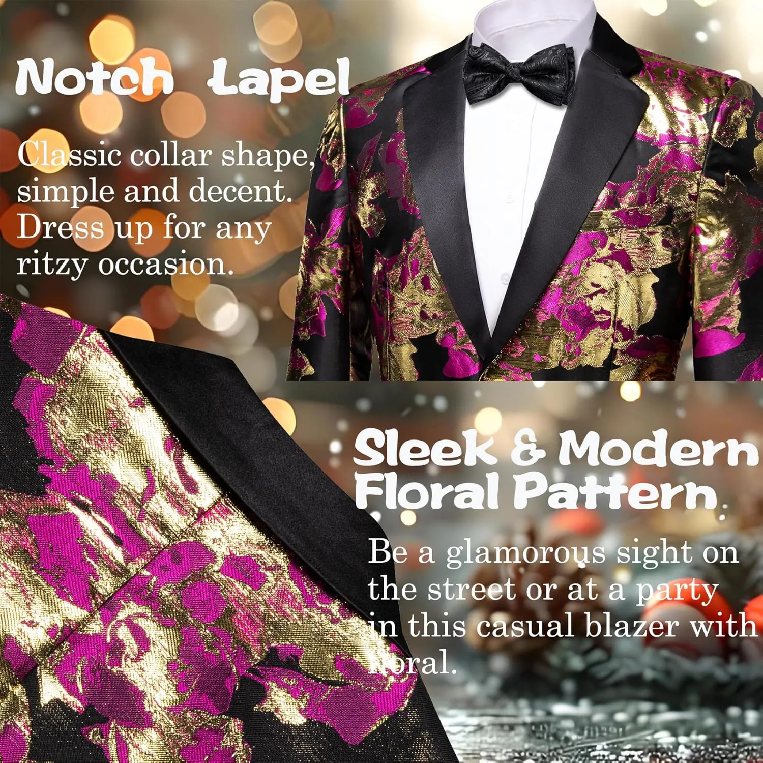 Barry.Wang Mens Flowers Blazer Mardi Gras Brooch Suit Jacket Floral Jacquard Tuxedo Carnival St. Patrick's Day Gift Coat