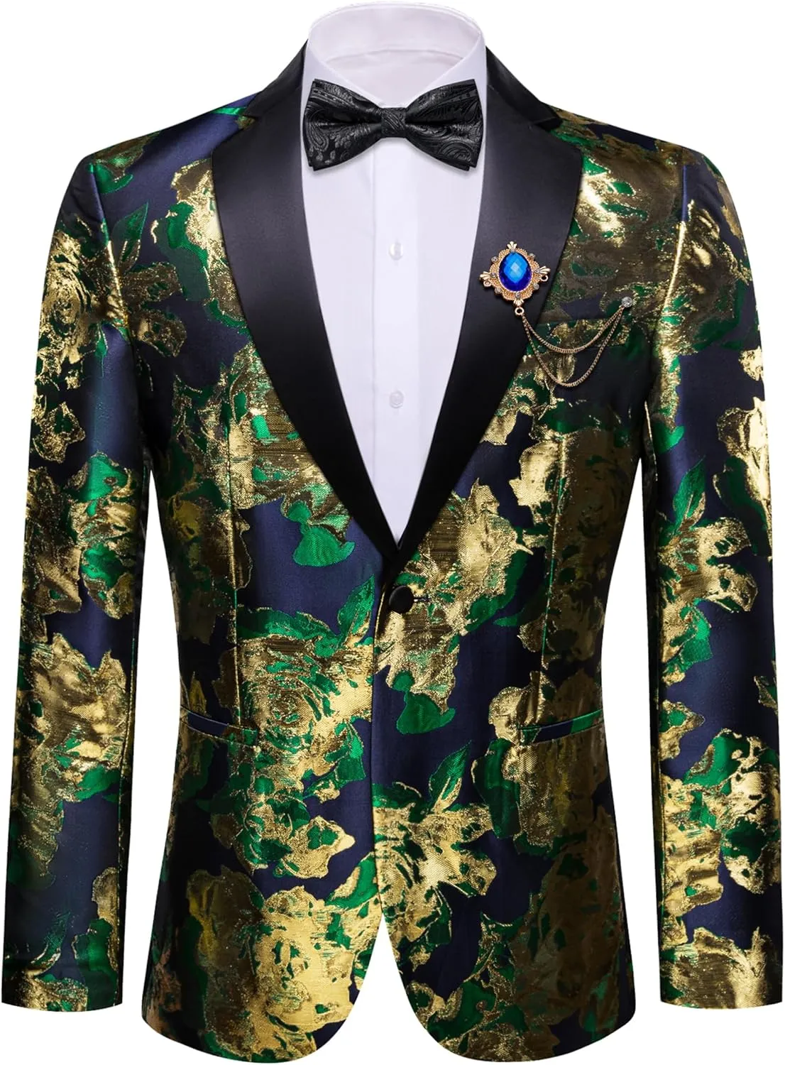Barry.Wang Mens Flowers Blazer Mardi Gras Brooch Suit Jacket Floral Jacquard Tuxedo Carnival St. Patrick's Day Gift Coat