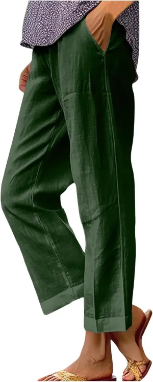 Beach Pants for Women High Waisted Linen Pants 2025 Summer Beach Vacation Outfits Straight Leg Trousers with Pockets