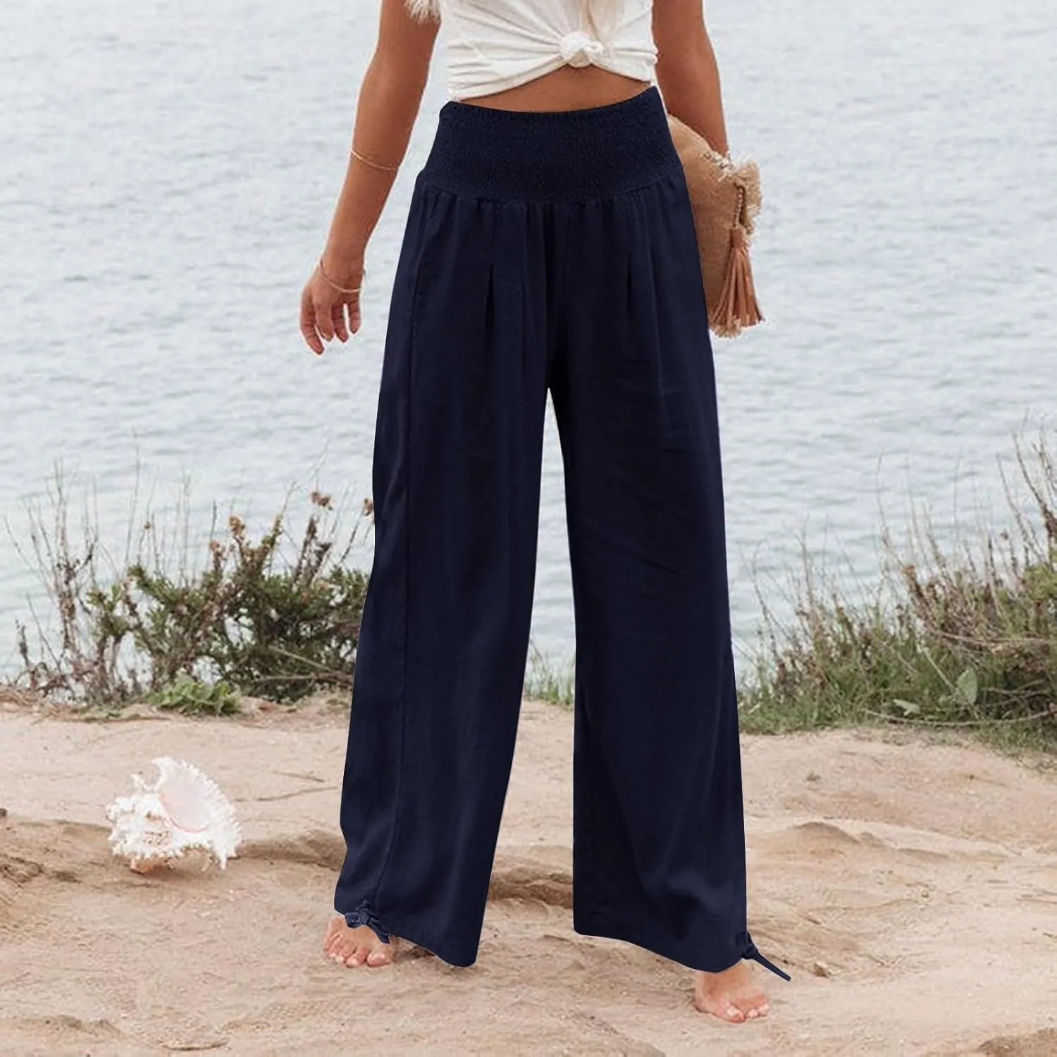 Beach Pants for Women Straight Leg Beach Pants Drawstring Elastic Waist Dressy Joggers Linen Wide Leg Long Trousers