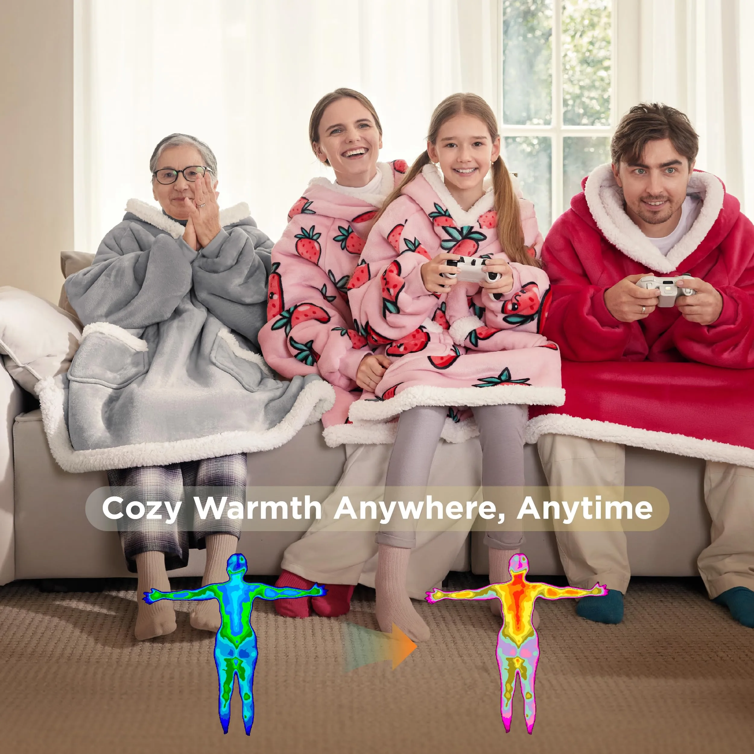 Bedsure Wearable Blanket Hoodie for Adult & Kids - Sherpa Blanket Hoodie as Gifts for Mom Women, Cozy Sweatshirt Blanket, Grey, Standard