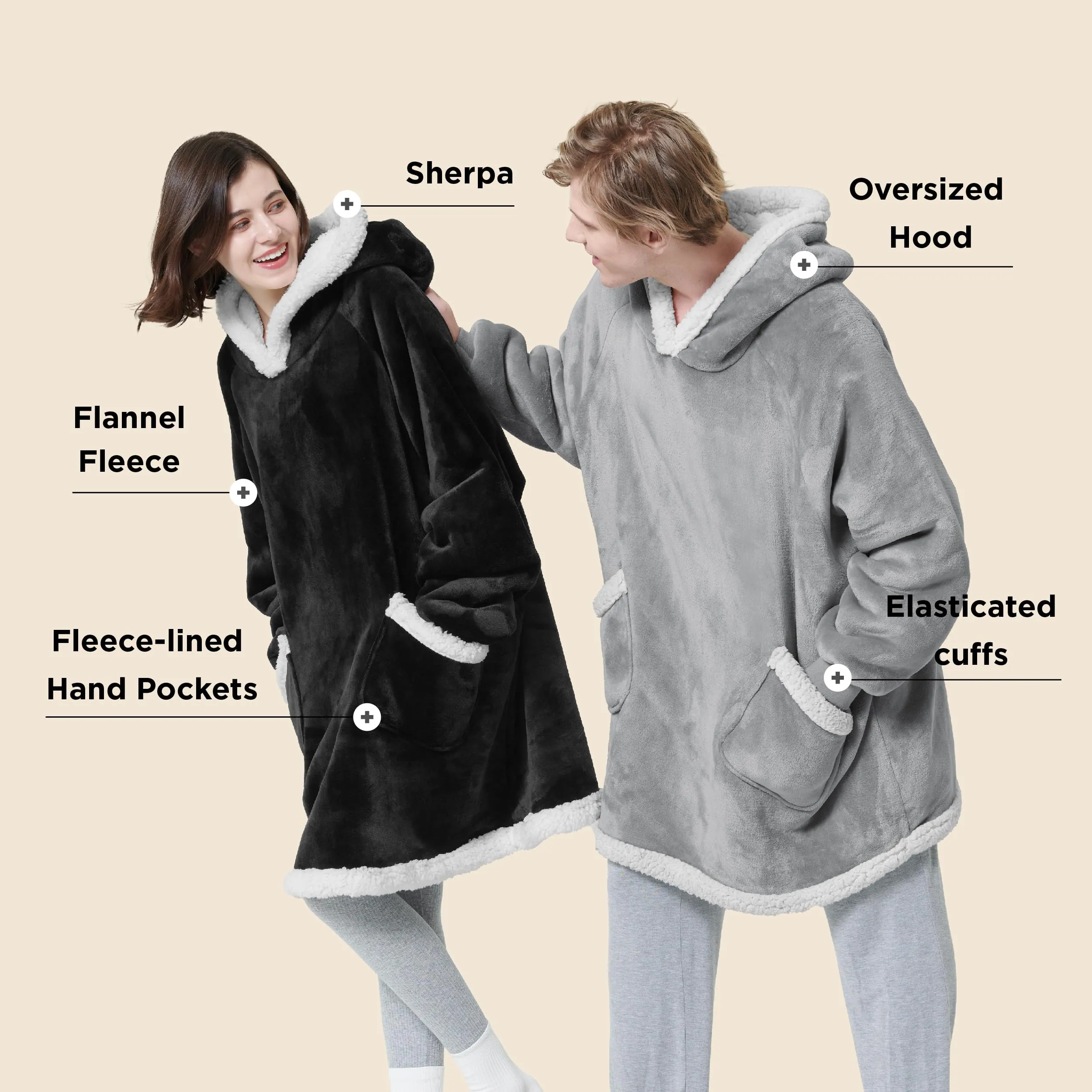 Bedsure Wearable Blanket Hoodie for Adult & Kids - Sherpa Blanket Hoodie as Gifts for Mom Women, Cozy Sweatshirt Blanket, Grey, Standard
