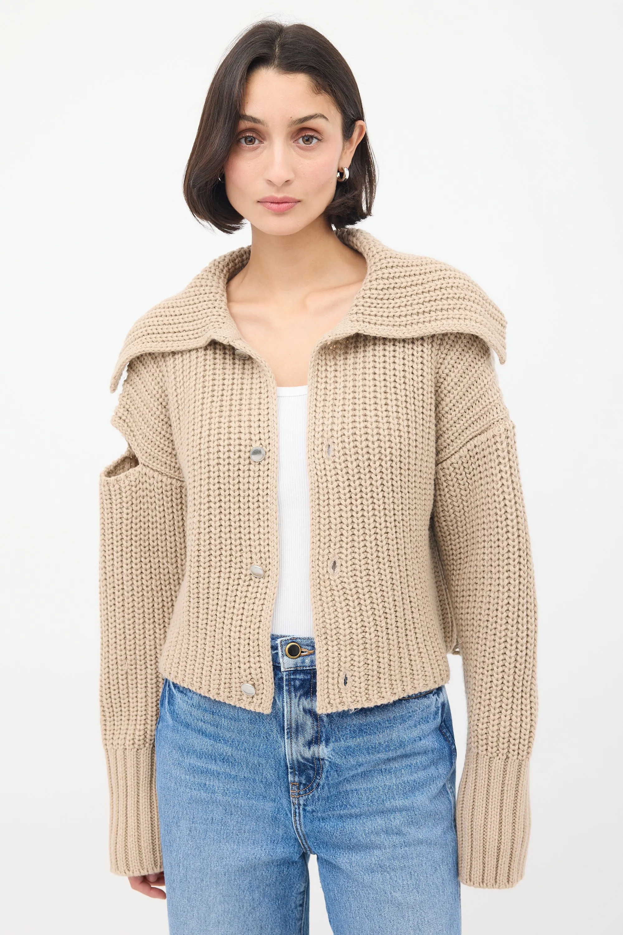 Beige Wool Knit Cutout Cardigan