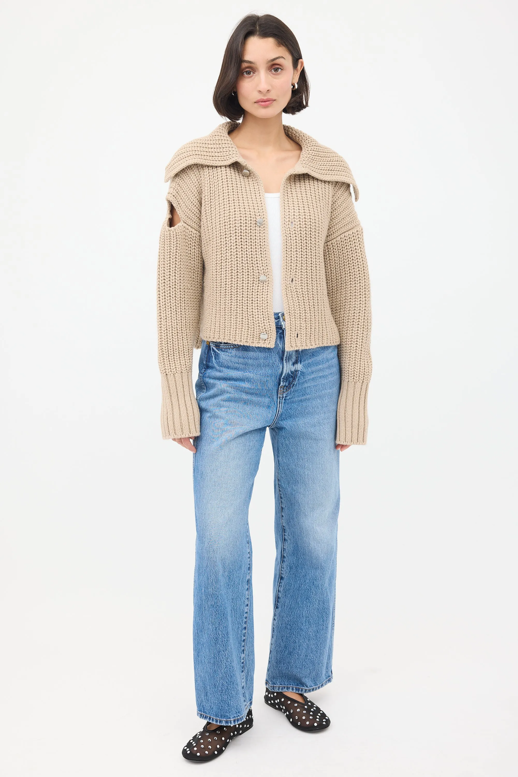 Beige Wool Knit Cutout Cardigan