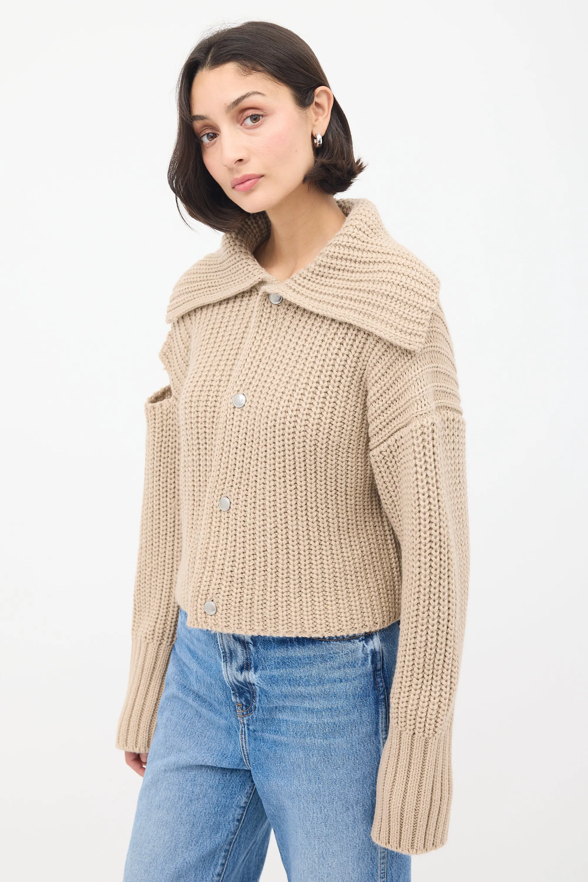 Beige Wool Knit Cutout Cardigan