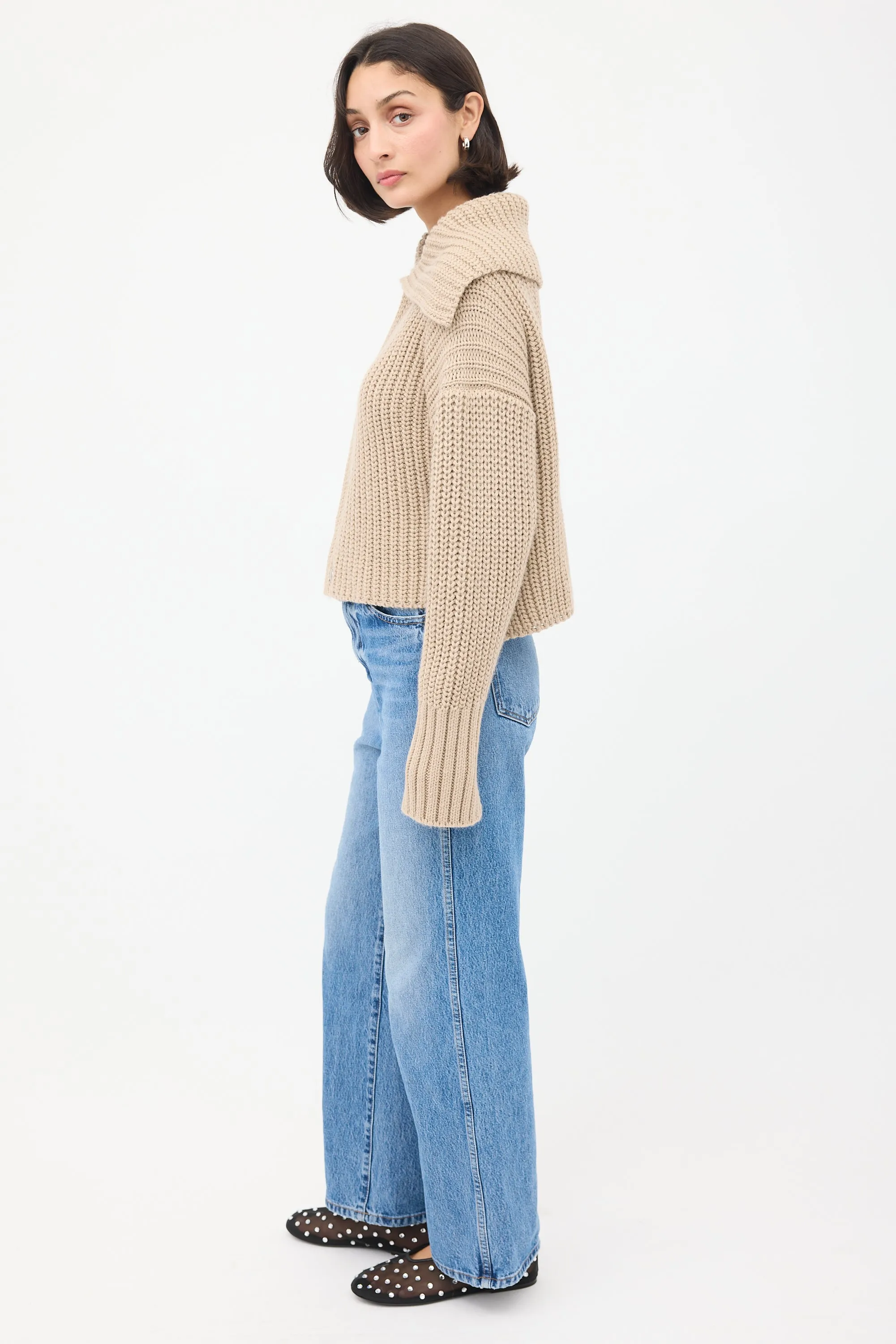 Beige Wool Knit Cutout Cardigan