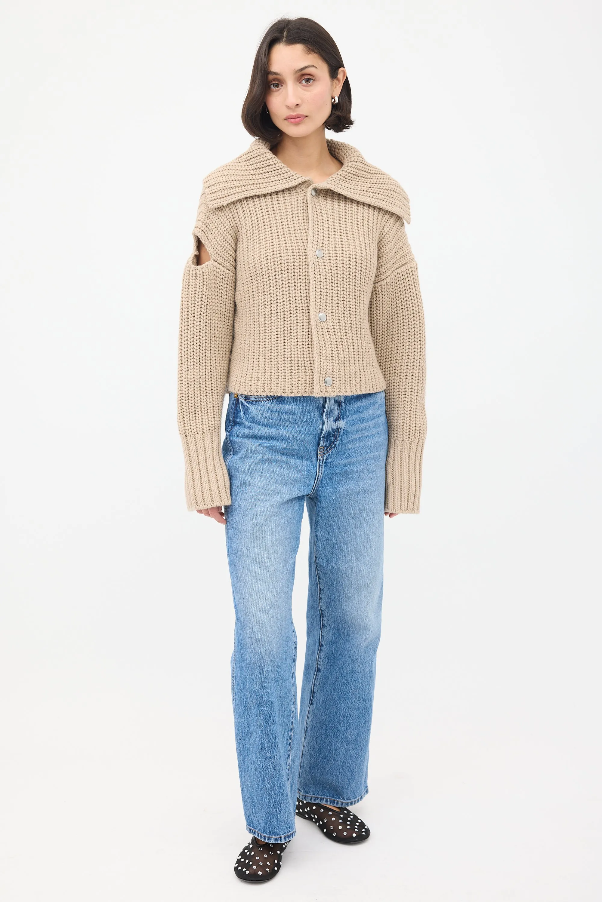 Beige Wool Knit Cutout Cardigan