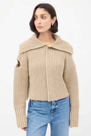 Beige Wool Knit Cutout Cardigan