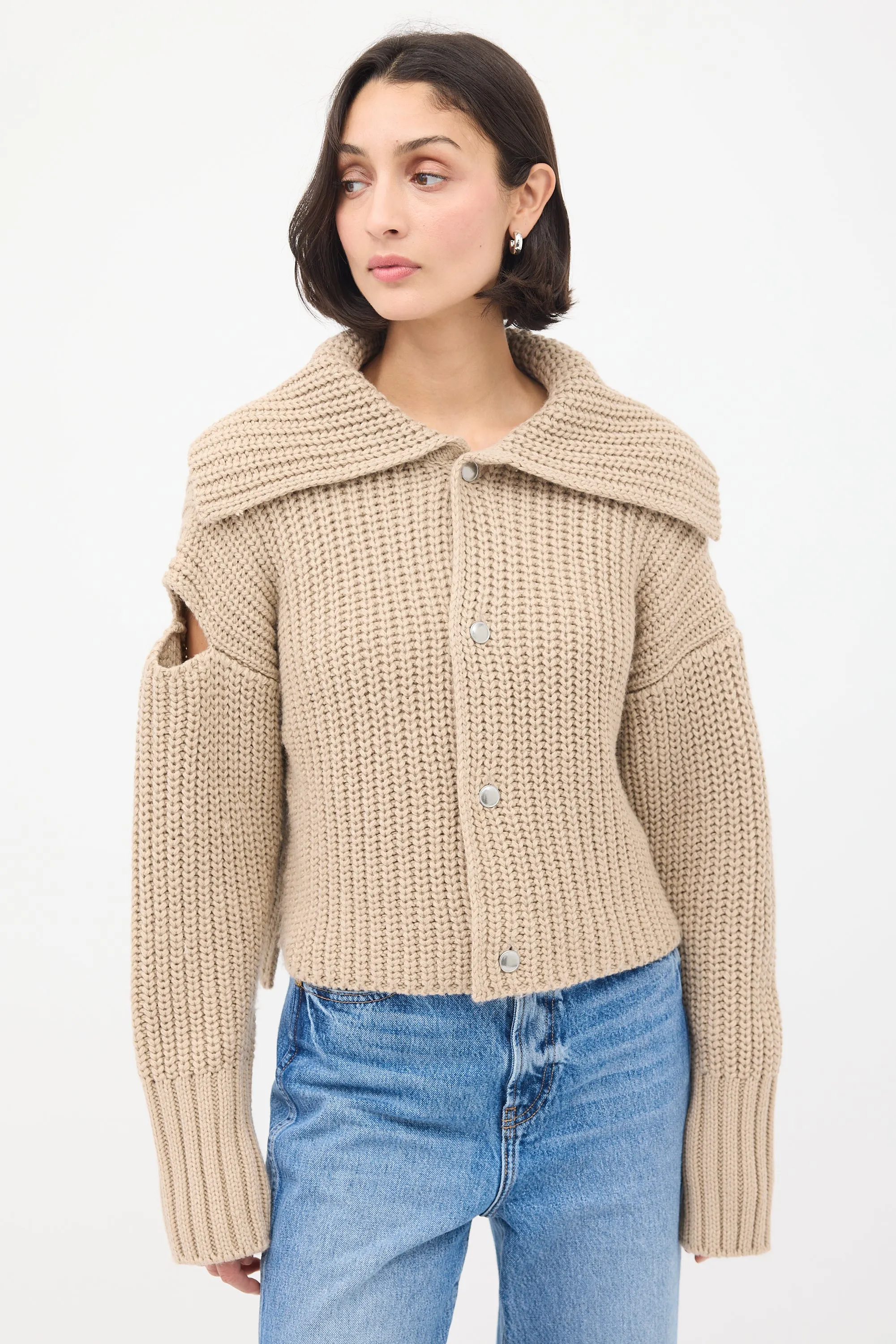 Beige Wool Knit Cutout Cardigan