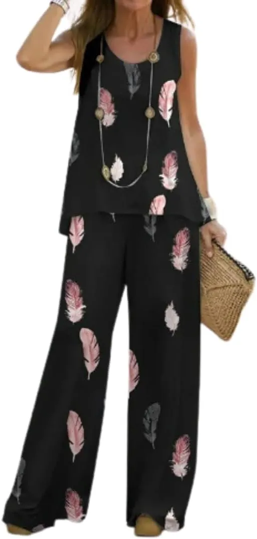 Bengbobar Women's 2 Piece Outfits Summer Boho Floral Sleeveless Crewneck Tank Tops and Wide Leg Pants Set Vacation