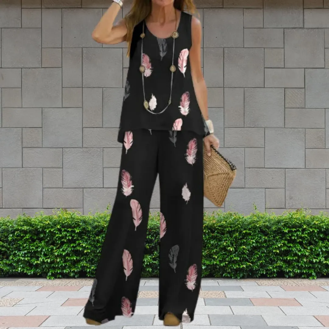 Bengbobar Women's 2 Piece Outfits Summer Boho Floral Sleeveless Crewneck Tank Tops and Wide Leg Pants Set Vacation