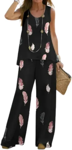 Bengbobar Women's 2 Piece Outfits Summer Boho Floral Sleeveless Crewneck Tank Tops and Wide Leg Pants Set Vacation