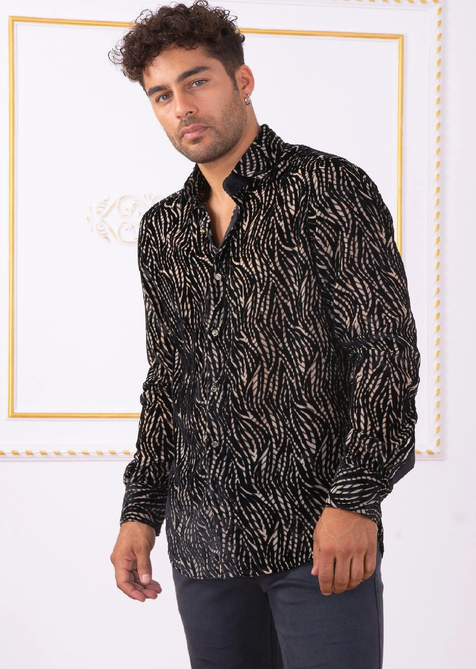 Black Gold Flame Velvet Shirt