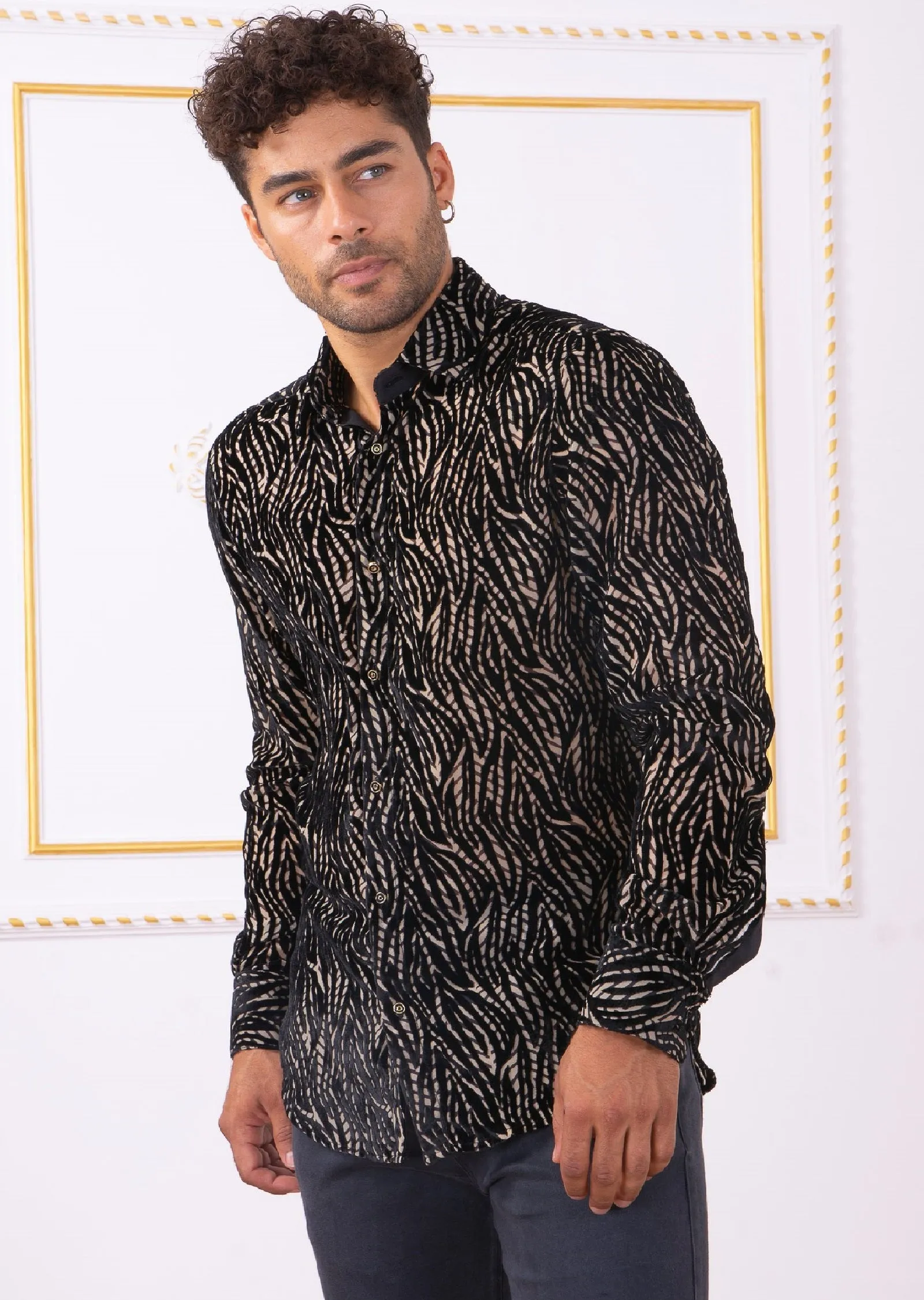Black Gold Flame Velvet Shirt