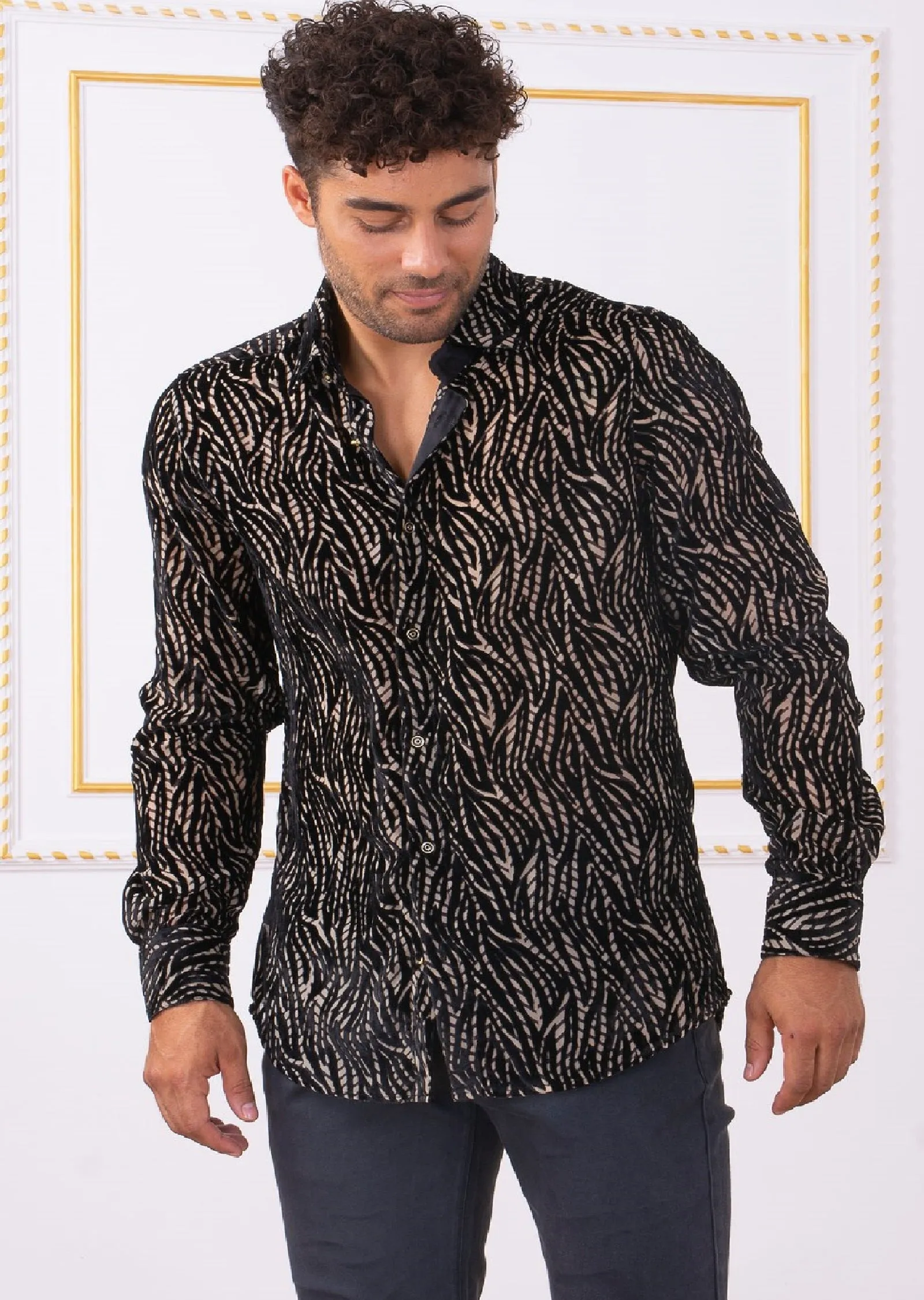 Black Gold Flame Velvet Shirt