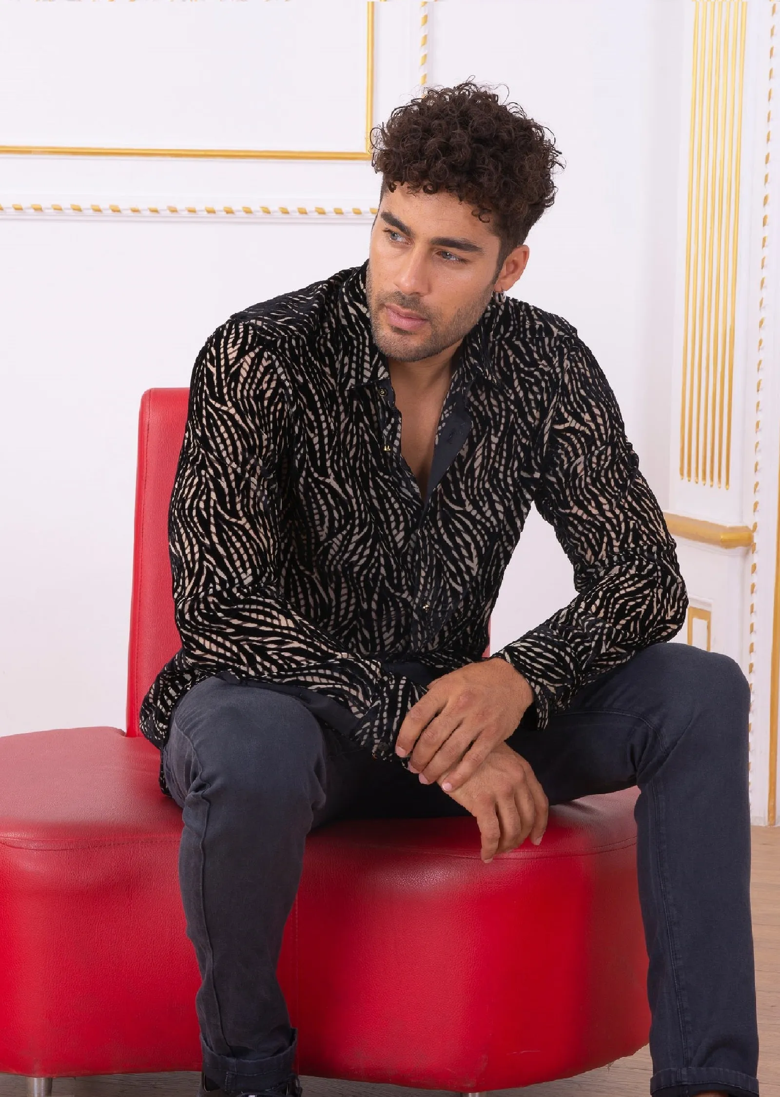 Black Gold Flame Velvet Shirt