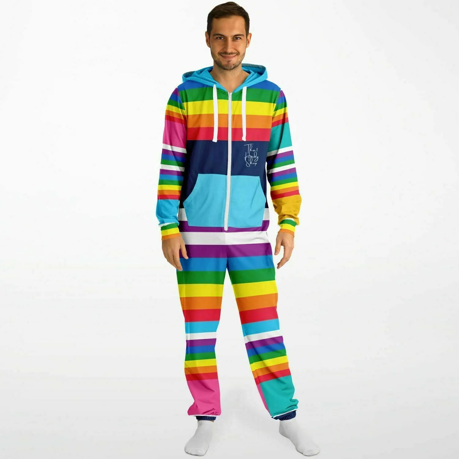 Blue Horizon Rainbow Stripe Unisex Fleece Romper