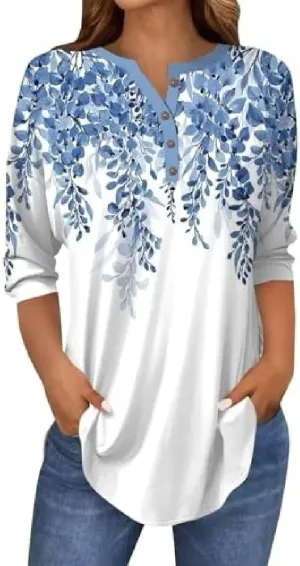 Boho Clothes for Women Button Up V-Neck Spring Fashion 2025 Dressy Casual Floral Shirts 3/4 Length Sleeve Tops