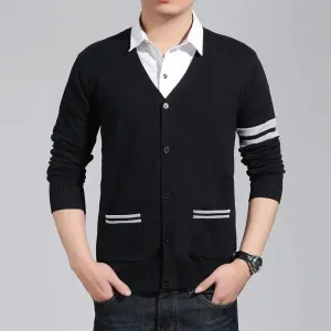 Bonsir Korean Fashion Men Spring Autumn Sweaters V-Neck Contrast Color Single Breasted Trend Casual Long Sleeve Cardigan Knitted Tops