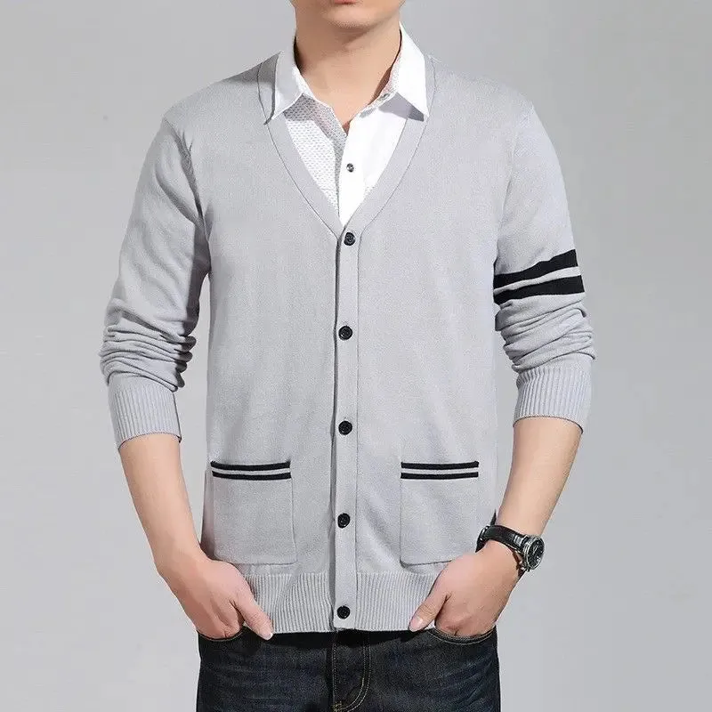 Bonsir Korean Fashion Men Spring Autumn Sweaters V-Neck Contrast Color Single Breasted Trend Casual Long Sleeve Cardigan Knitted Tops
