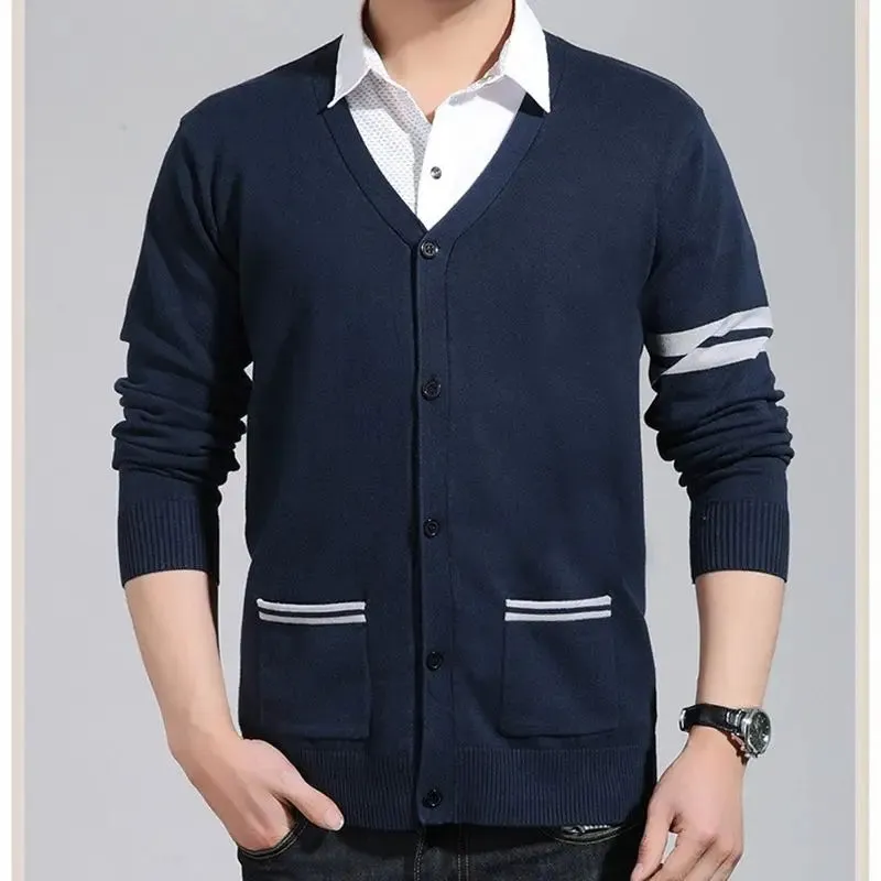 Bonsir Korean Fashion Men Spring Autumn Sweaters V-Neck Contrast Color Single Breasted Trend Casual Long Sleeve Cardigan Knitted Tops