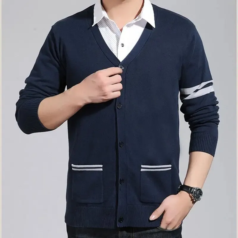 Bonsir Korean Fashion Men Spring Autumn Sweaters V-Neck Contrast Color Single Breasted Trend Casual Long Sleeve Cardigan Knitted Tops