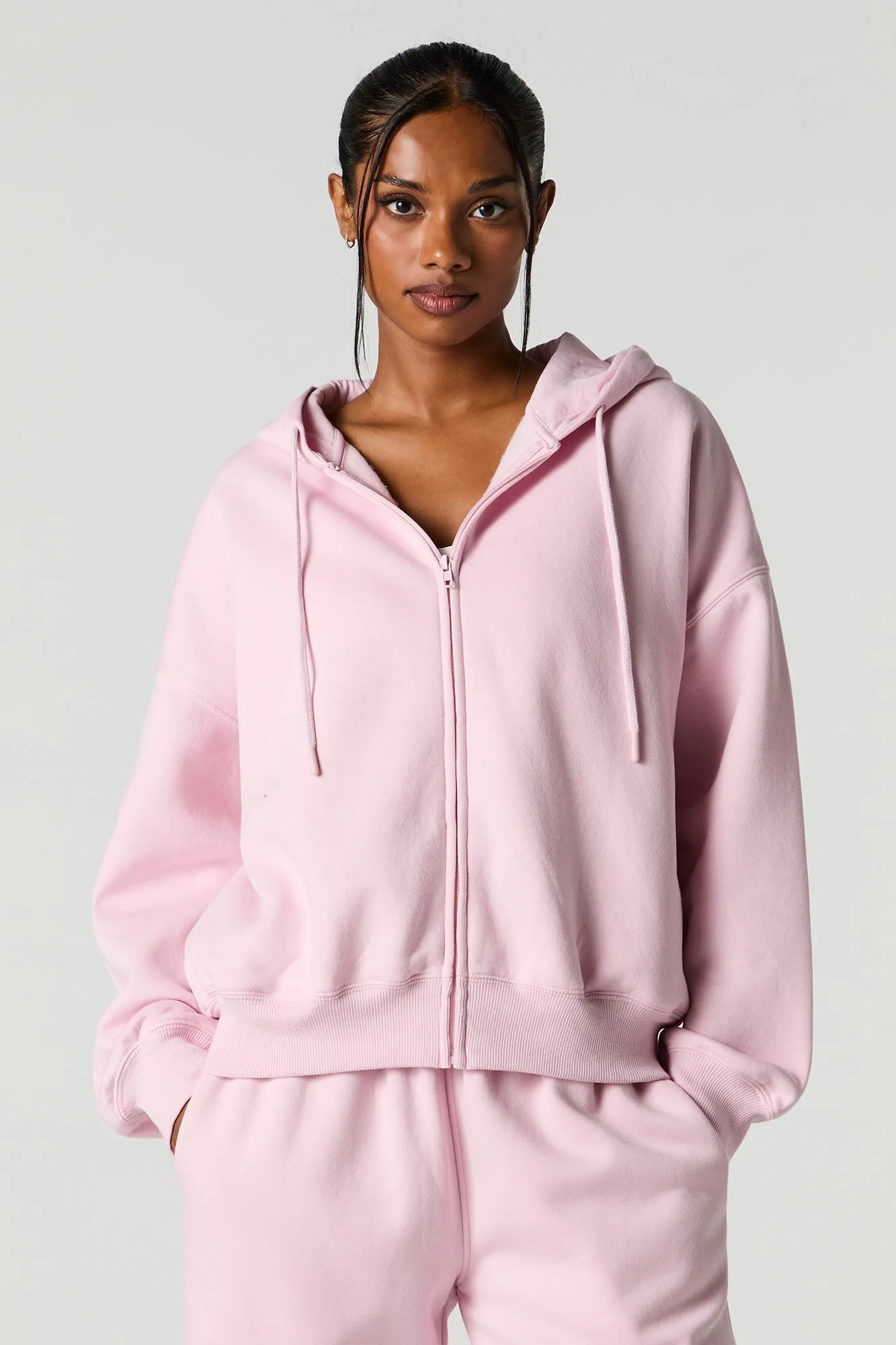 Boxy Zip-Up Fleece Hoodie