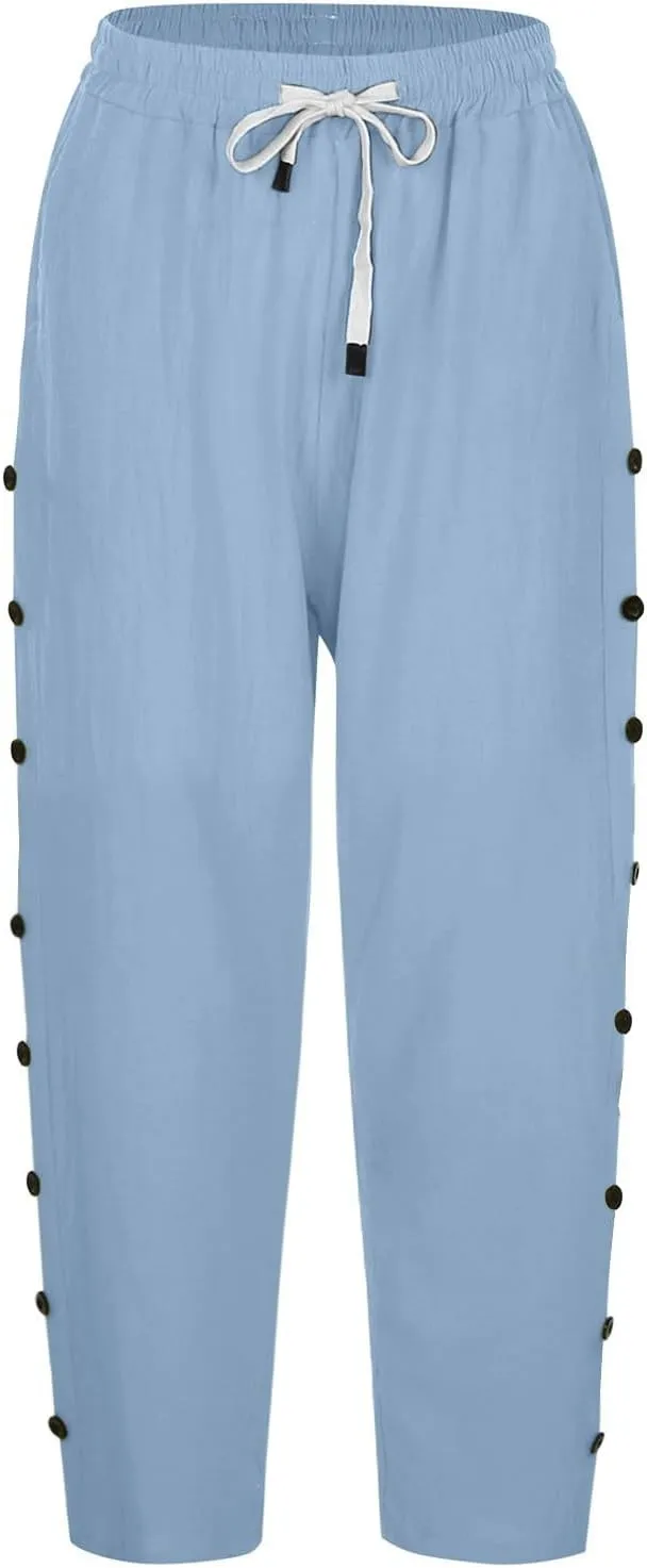 Capri Linen Pants Women Casual Summer Drawstring Elastic High Waist Linen Pant Straight Wide Leg Cropped