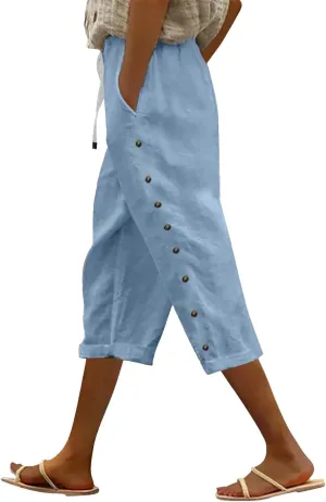 Capri Linen Pants Women Casual Summer Drawstring Elastic High Waist Linen Pant Straight Wide Leg Cropped