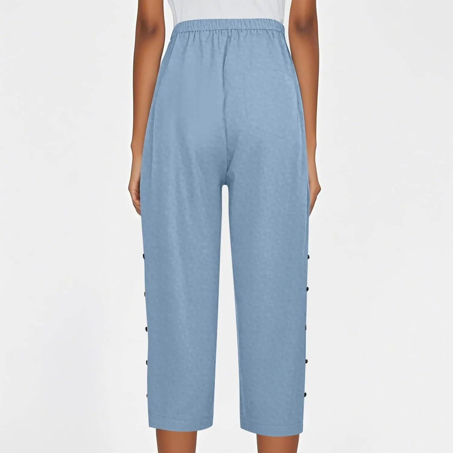 Capri Linen Pants Women Casual Summer Drawstring Elastic High Waist Linen Pant Straight Wide Leg Cropped
