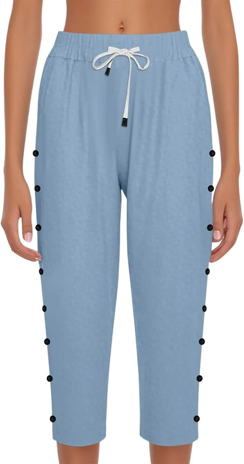 Capri Linen Pants Women Casual Summer Drawstring Elastic High Waist Linen Pant Straight Wide Leg Cropped