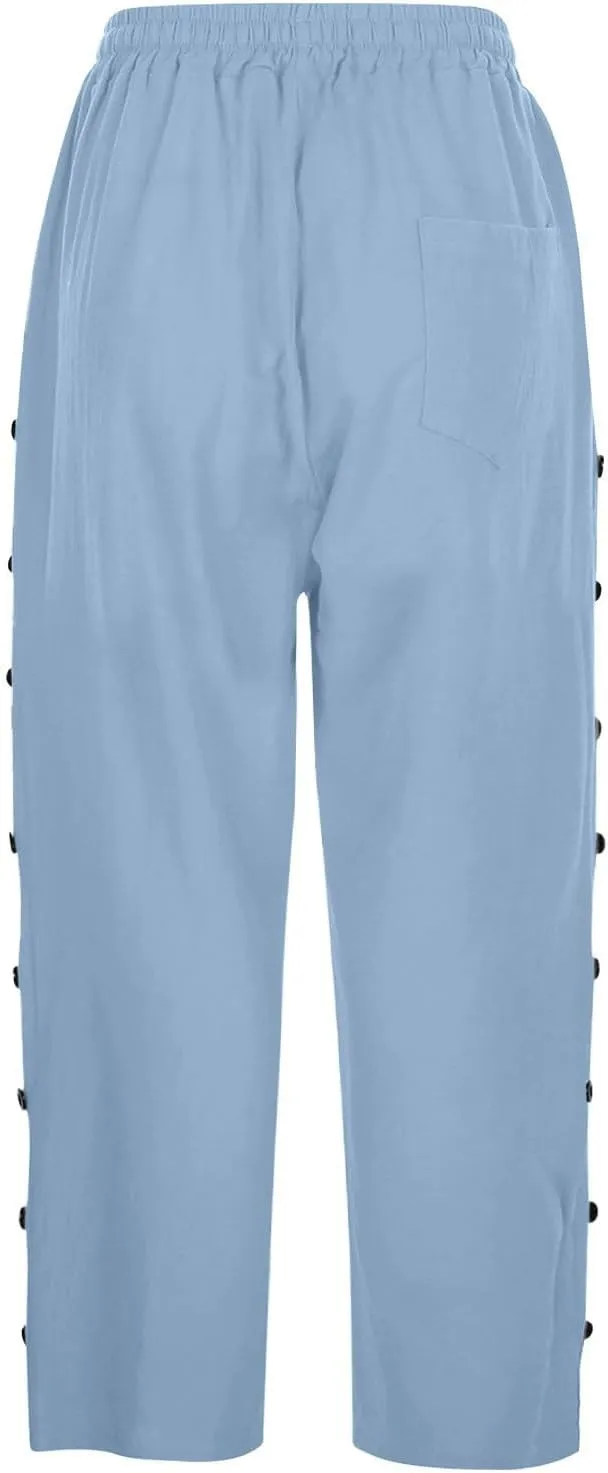 Capri Linen Pants Women Casual Summer Drawstring Elastic High Waist Linen Pant Straight Wide Leg Cropped