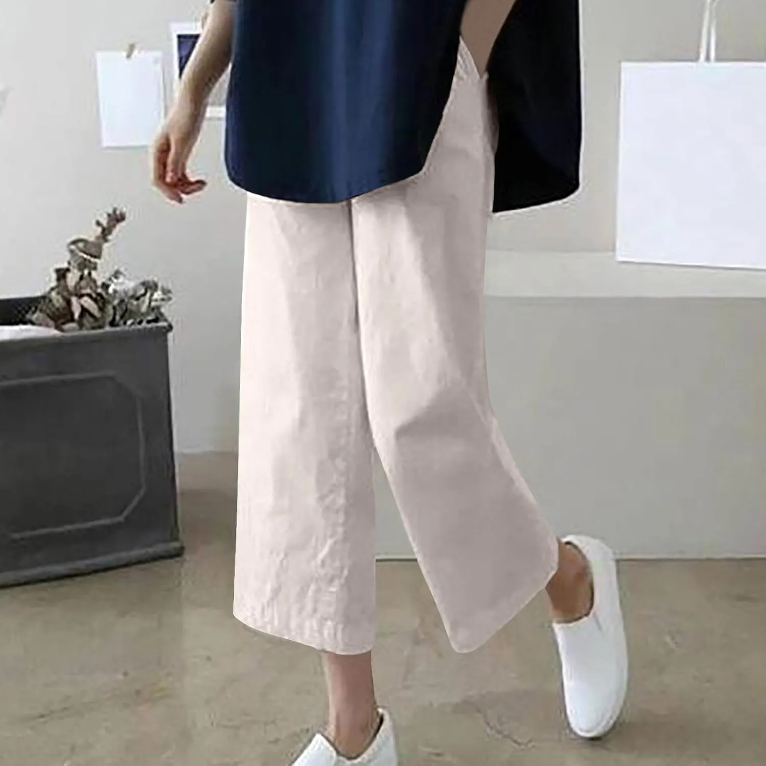 Capri Linen Pants Women Dressy Casual Wide Leg Summer Palazzo Pant High Waisted Flowy Lounge Trouser with Pocket 2025